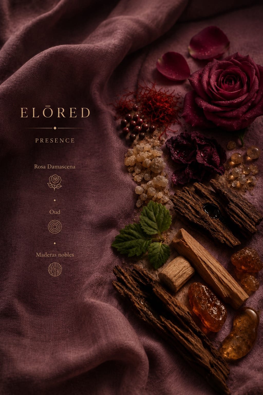 Composición aromática de Presence: rosa damascena, oud y maderas nobles