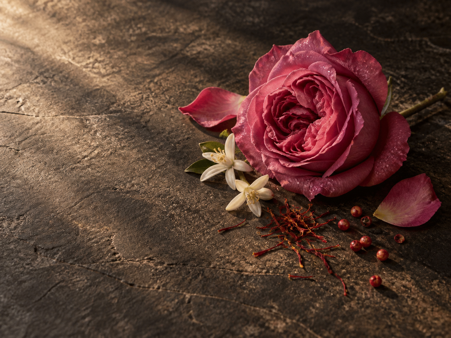 Composición aromática de PRESENCE: rosa oscura, oud, resinas y maderas
