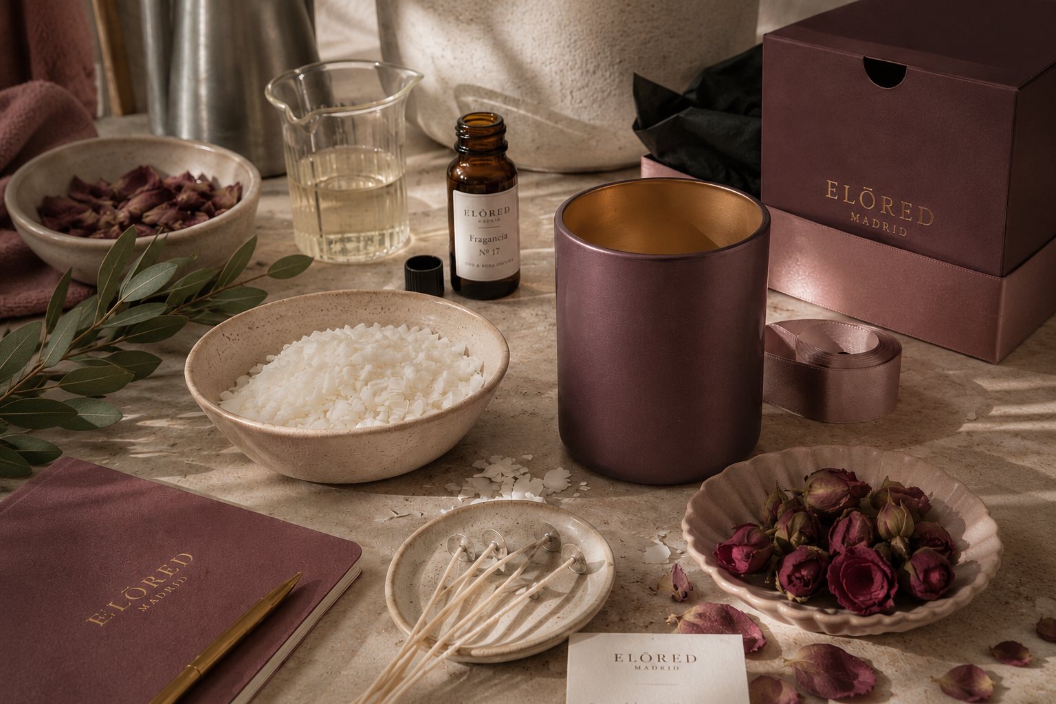 Elaboración artesanal de una vela ELŌRED: cera vegetal, fragancia y vaso