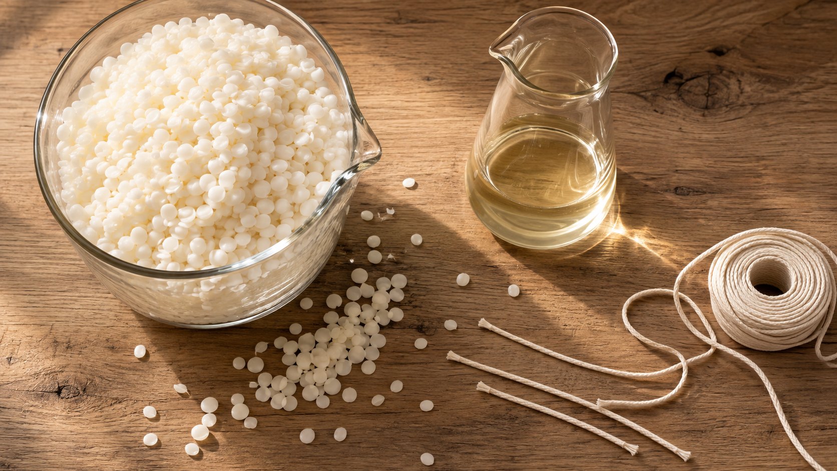 Cera de soja y coco, mecha de algodón y aceite de fragancia sobre madera